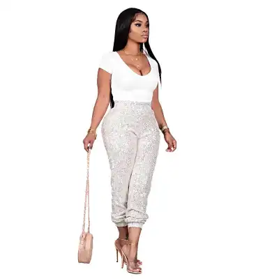 S-4XL Women Fashion Sequins Patchwork Jogger Pants High Waist Straight Leg