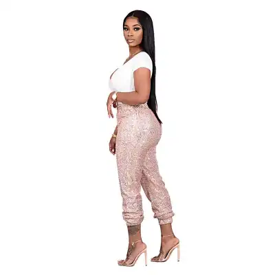 S-4XL Women Fashion Sequins Patchwork Jogger Pants High Waist Straight Leg