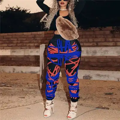 XL-5XL Women Plus Size Contrast Color Striped Patchwork Jogger Pants