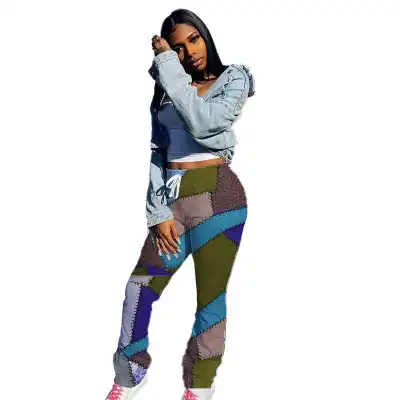S-XXL Women Fashion Waist Drawstring Color Blocking Patchwork Straight Pants