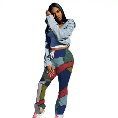 S-XXL Women Fashion Waist Drawstring Color Blocking Patchwork Straight Pants