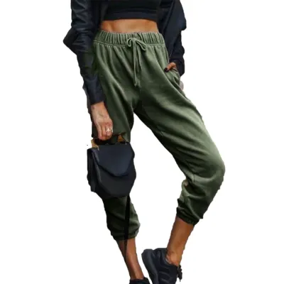 S-XL Women Fashion High Waist Drawstring Solid Color Jogger Pants
