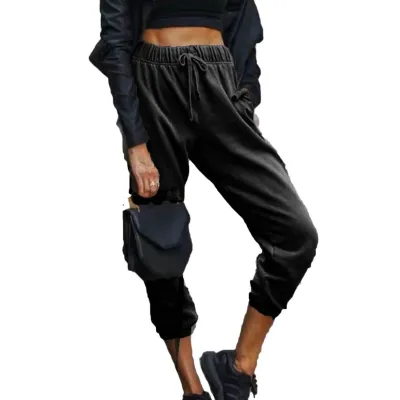 S-XL Women Fashion High Waist Drawstring Solid Color Jogger Pants