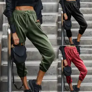 S-XL Women Fashion High Waist Drawstring Solid Color Jogger Pants