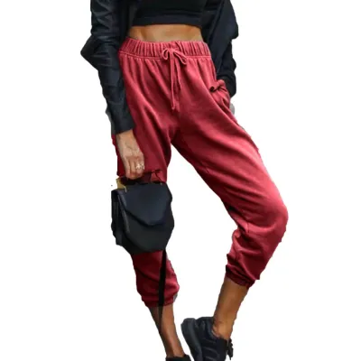 S-XL Women Fashion High Waist Drawstring Solid Color Jogger Pants