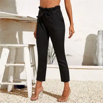 XS-L Women Fashion Solid Color High Waist Sash Cropped Pants