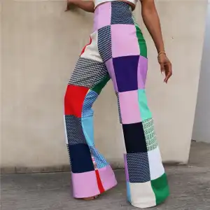S-2XL Women Contrast Color Plaid Printed Casual Flared Pants
