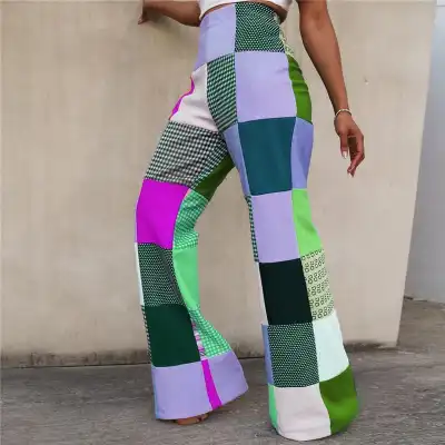 S-2XL Women Contrast Color Plaid Printed Casual Flared Pants