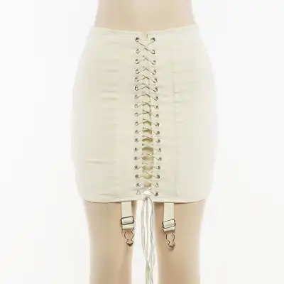S-L Women Fashion High Waist Solid Color Lace Up Skirt