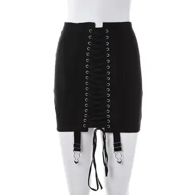 S-L Women Fashion High Waist Solid Color Lace Up Skirt