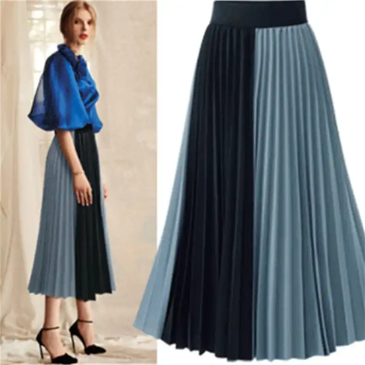 Women Fashionable Color Contrast Patchwork Pleated Skirt