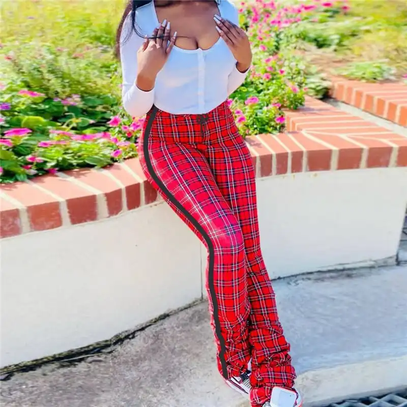 S-5XL Women Fashionable High Waist Plaid Printed Pants