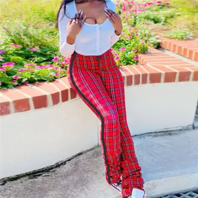 S-5XL Women Fashionable High Waist Plaid Printed Pants