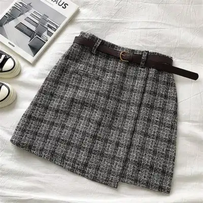 S-XL Women High Waist Irregular Overlap Plaid Printed Skirt
