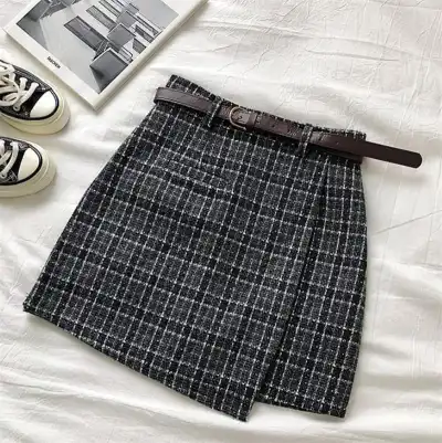 S-XL Women High Waist Irregular Overlap Plaid Printed Skirt