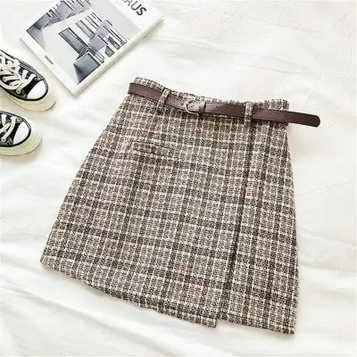 S-XL Women High Waist Irregular Overlap Plaid Printed Skirt