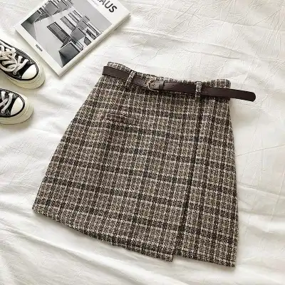 S-XL Women High Waist Irregular Overlap Plaid Printed Skirt