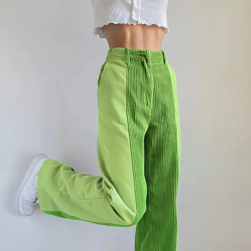 S-2XL Women High Waist Corduroy Patchwork Straight Pants Urban Leisure