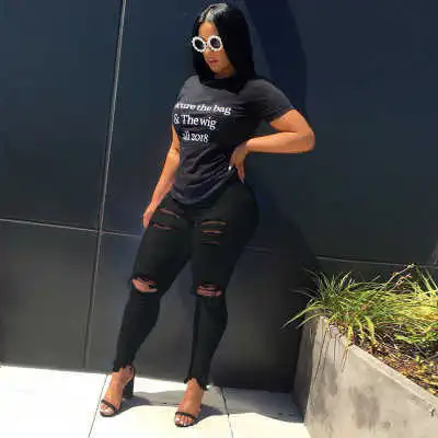 S-3XL Women High Waist Ripped Skinny Jeans in Solid Color