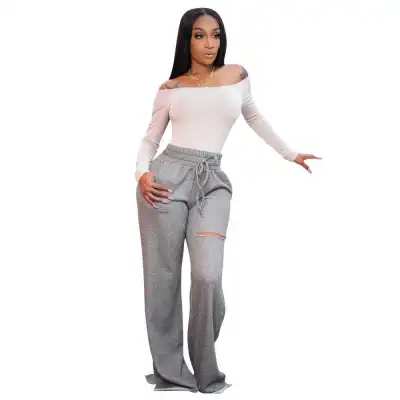 S-2XL Women Fashion Drawstring Waist Solid Color Ripped Sweatpants