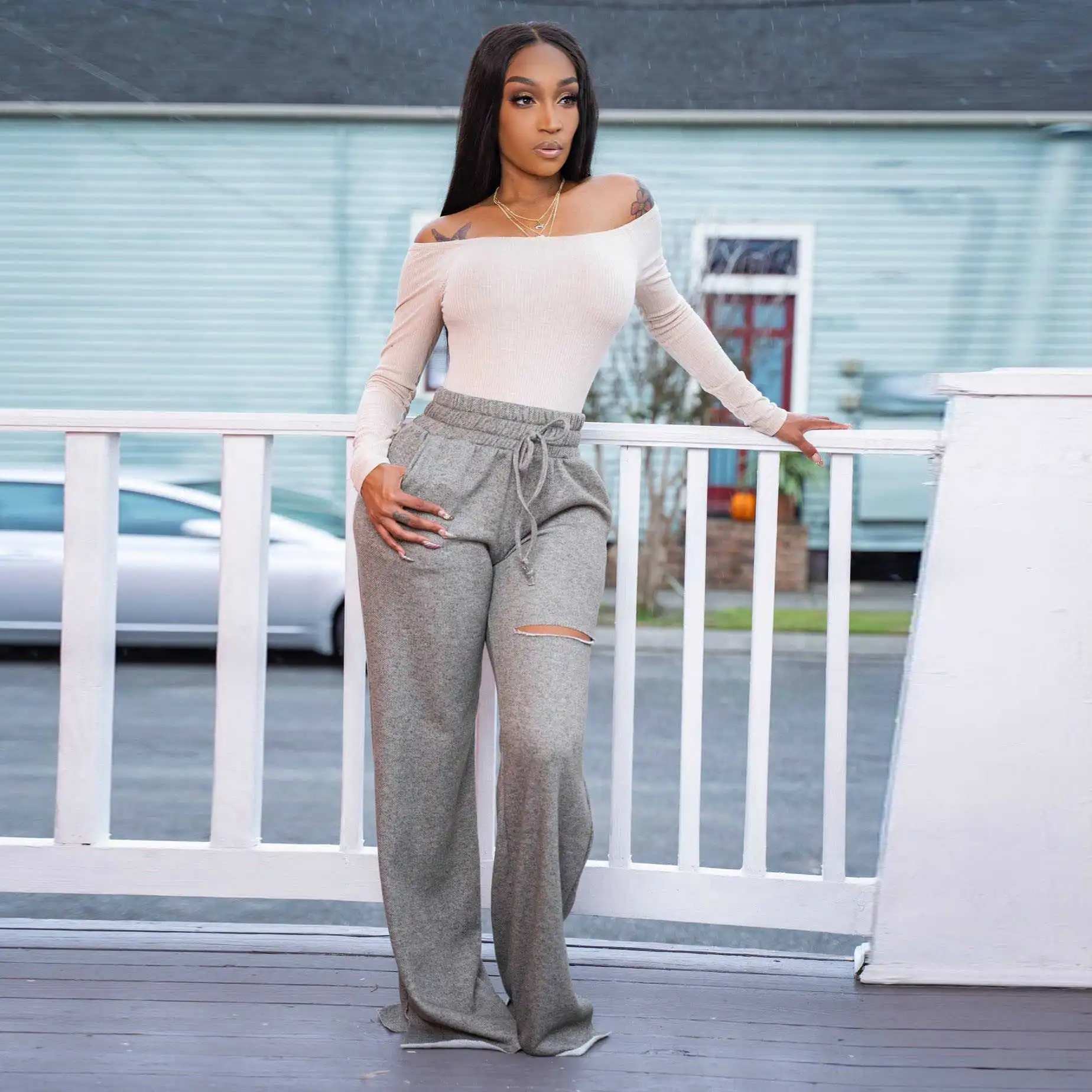 S-2XL Women Fashion Drawstring Waist Solid Color Ripped Sweatpants