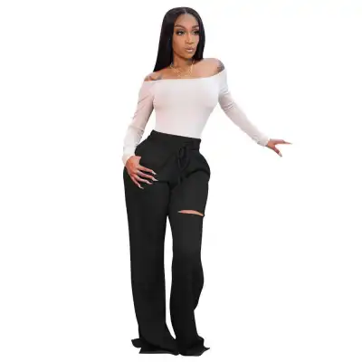 S-2XL Women Fashion Drawstring Waist Solid Color Ripped Sweatpants