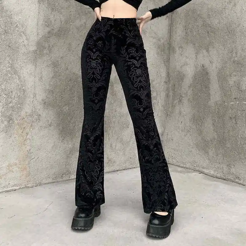 S-L Women Gothic High Waist Jacquard Flared Trousers