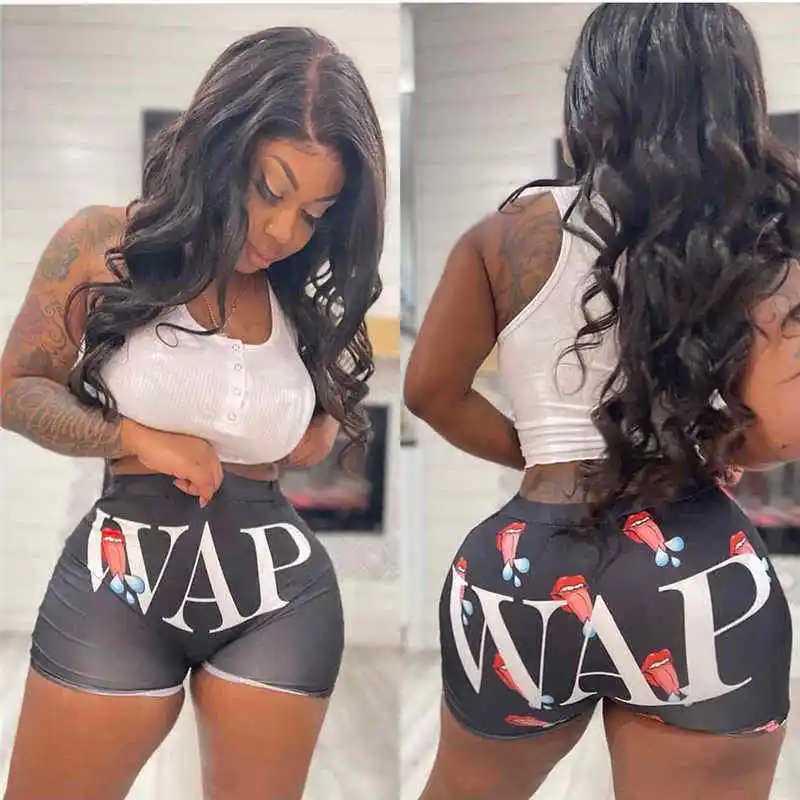 S-2XL Women High Waist Letter Printing Shorts