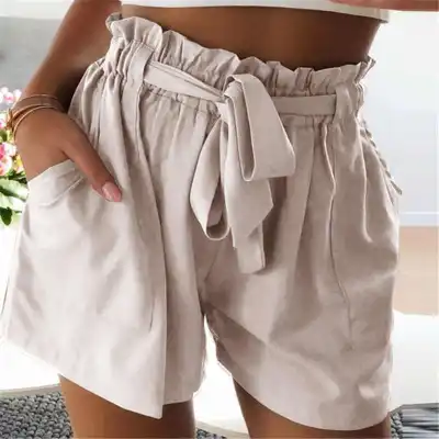 S-3XL Women Fashion Solid Color Stringy Selvedge Sash Shorts
