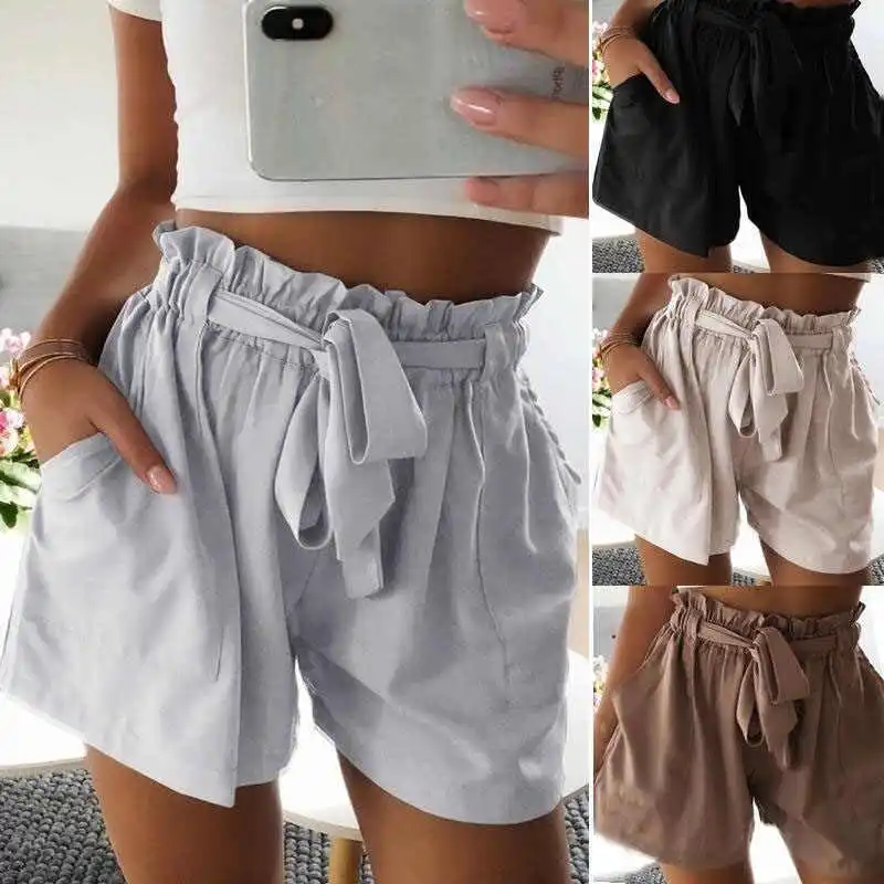 S-3XL Women Fashion Solid Color Stringy Selvedge Sash Shorts