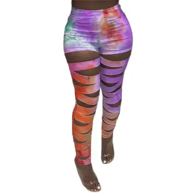 S-2XL Women High Waist Tie-dyed Hollow Out Skinny Pants