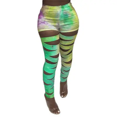 S-2XL Women High Waist Tie-dyed Hollow Out Skinny Pants