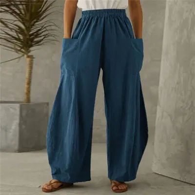 S-5XL Women's Cotton Linen Blend Wide Leg Pants Urban Leisure Style