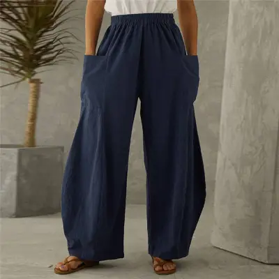 S-5XL Women's Cotton Linen Blend Wide Leg Pants Urban Leisure Style