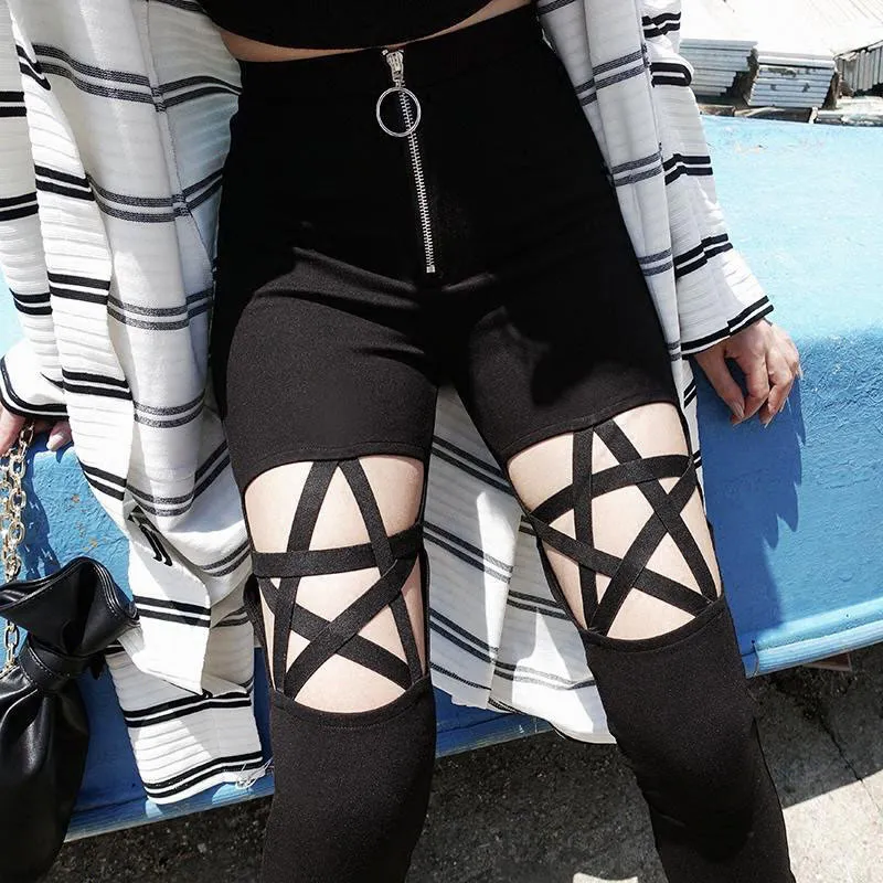 S-L Women Fashion High-waist Tight Hollow Out Zipper Pants