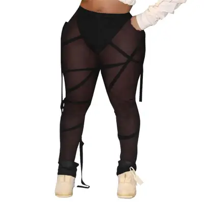 S-2XL Women Sexy See-through Mesh Bandage Street Hipster Leggings