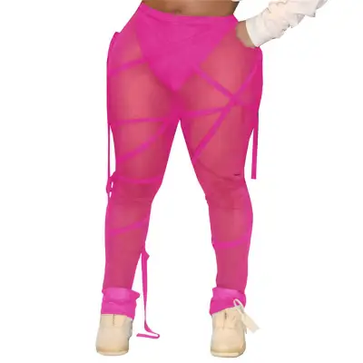 S-2XL Women Sexy See-through Mesh Bandage Street Hipster Leggings
