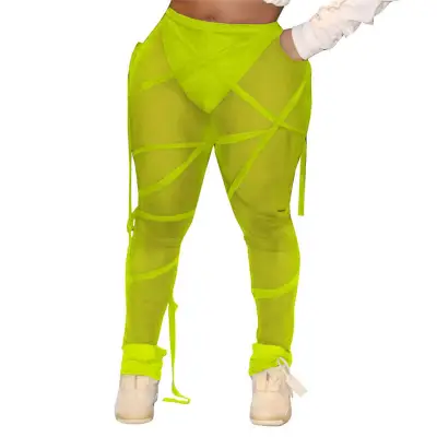 S-2XL Women Sexy See-through Mesh Bandage Street Hipster Leggings