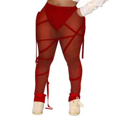 S-2XL Women Sexy See-through Mesh Bandage Street Hipster Leggings