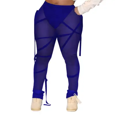 S-2XL Women Sexy See-through Mesh Bandage Street Hipster Leggings