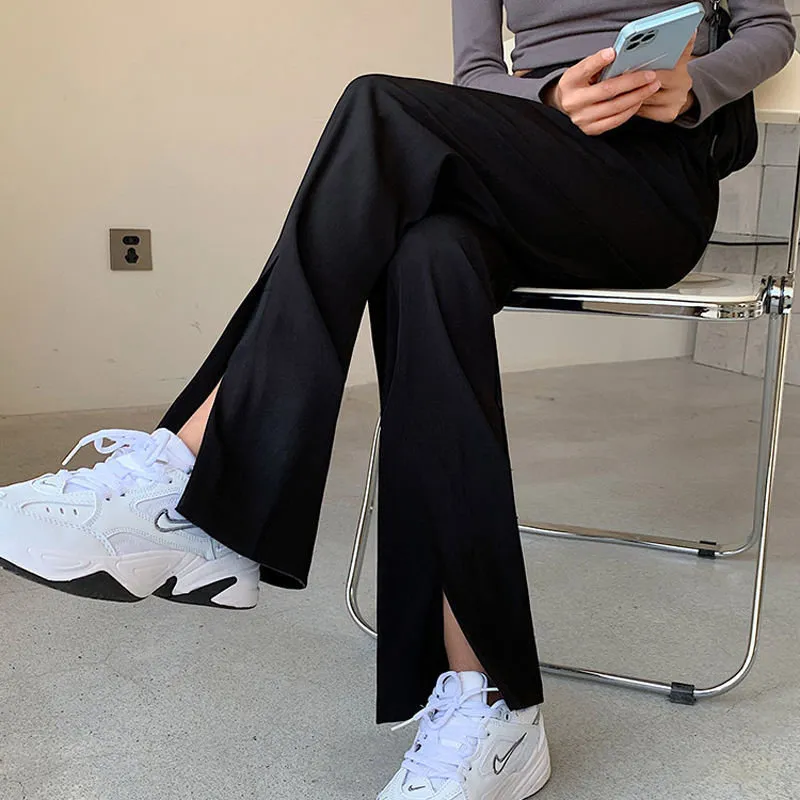 M-5XL Women High Waist Wide Leg Fleece Cropped Pants with Hem Slit