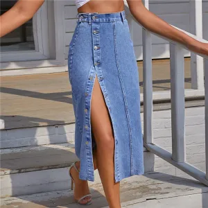 XS-L Women's Denim High Waist Single-Breasted Side-slit A-line Skirt