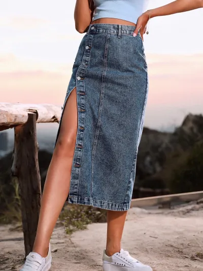 XS-L Women's Denim High Waist Single-Breasted Side-slit A-line Skirt