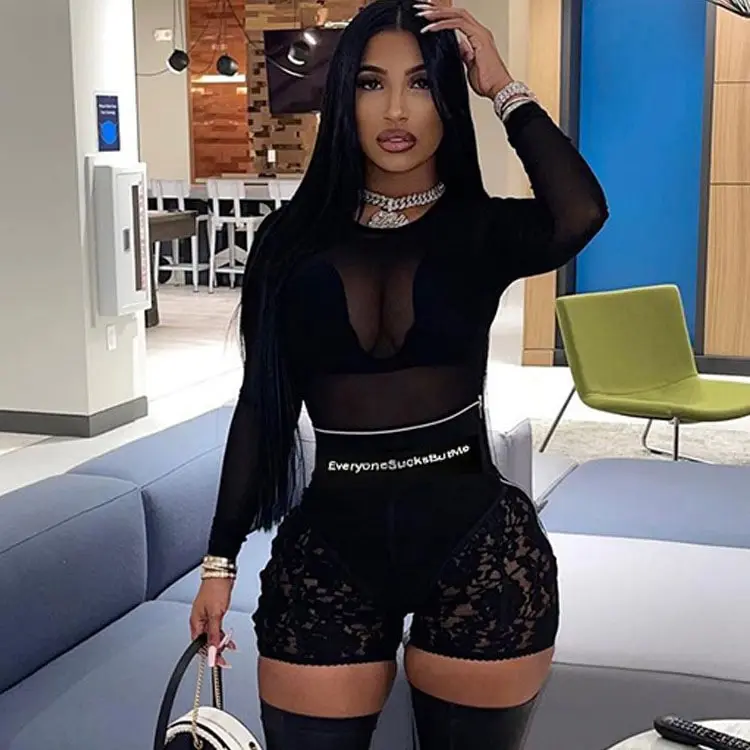 S-L Women Sexy Letter Printing Lace Patchwork Biker Shorts