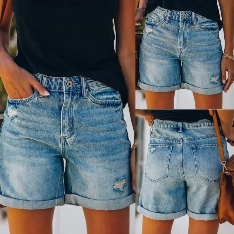 S-XXL Women Stone-Washed Vintage Ripped Denim Shorts
