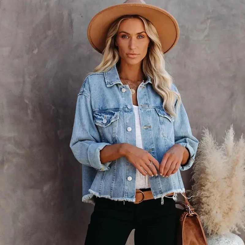 S-XL Women Vintage Street Loose Raw Hem Denim Jacket