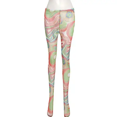 S-L Women Sexy Graphic Printing Mesh See-through Tight Pants