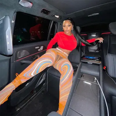 S-L Women Sexy Graphic Printing Mesh See-through Tight Pants