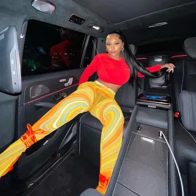 S-L Women Sexy Graphic Printing Mesh See-through Tight Pants
