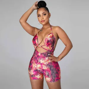 S-XL Women Sexy Slim Strap Cut Out Painting Pattern Rompers